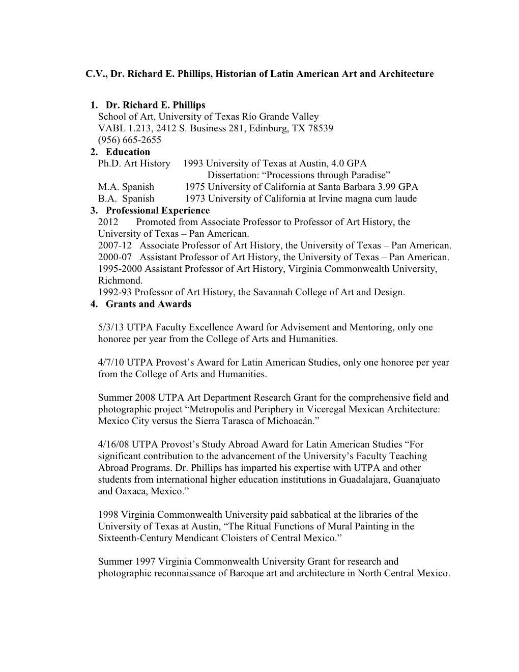 CV, Dr. Richard E. Phillips, Historian of Latin American Art and Architecture