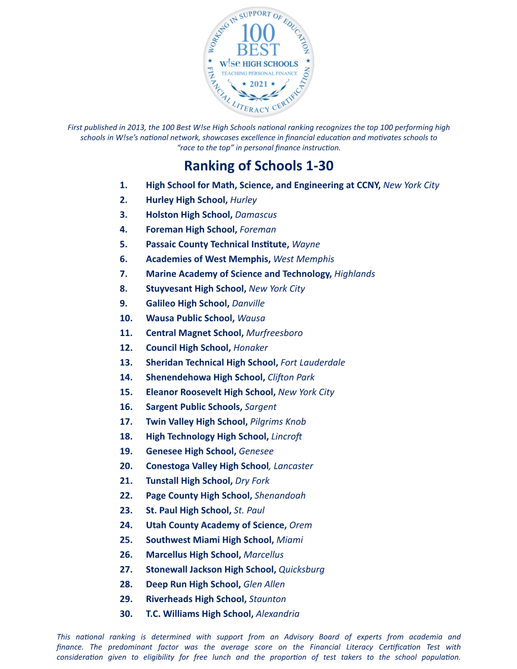 Ranking of Schools 1-30 1