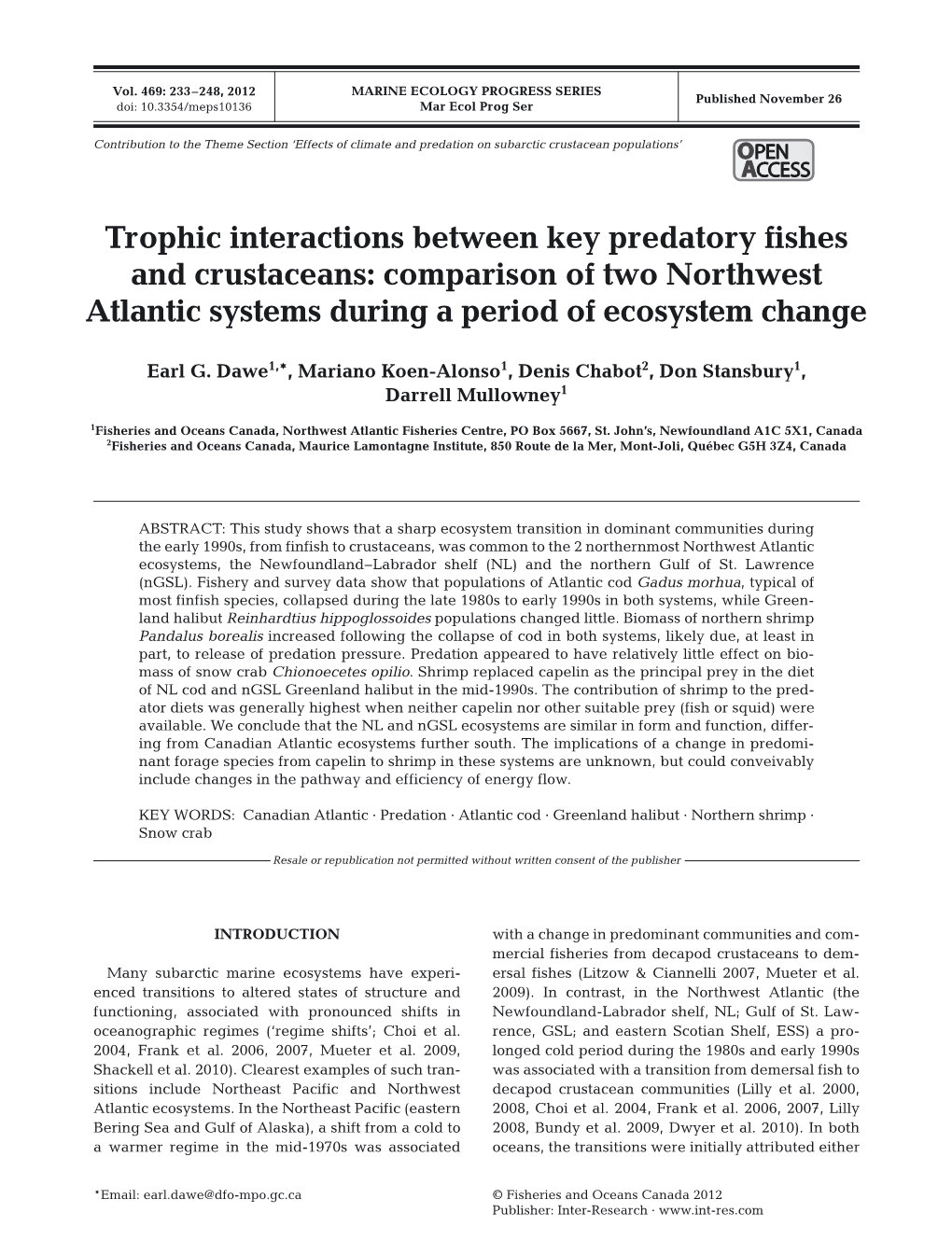Trophic Interactions Between Key Predatory Fishes and Crustaceans: Comparison of Two Northwest Atlantic Systems During a Period of Ecosystem Change