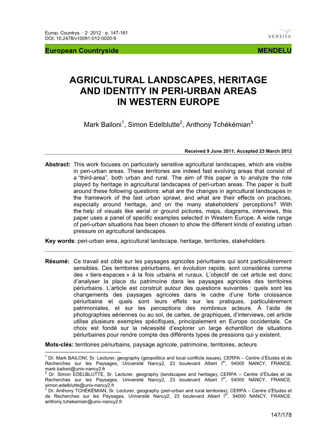 Agricultural Landscapes, Heritage and Identity in Peri-Urban Areas in Western Europe