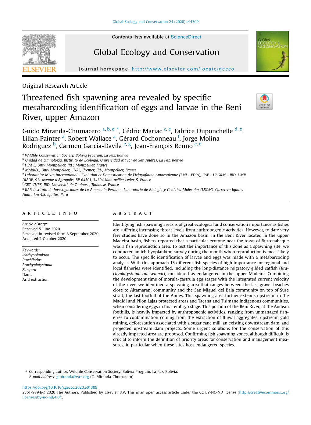 Threatened Fish Spawning Area Revealed by Specific Metabarcoding Identification of Eggs and Larvae in the Beni River, Upper Amaz