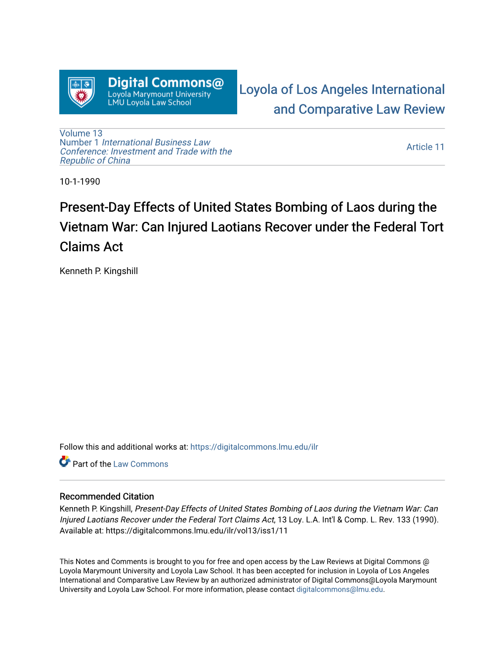 Present-Day Effects of United States Bombing of Laos During the Vietnam War: Can Injured Laotians Recover Under the Federal Tort Claims Act