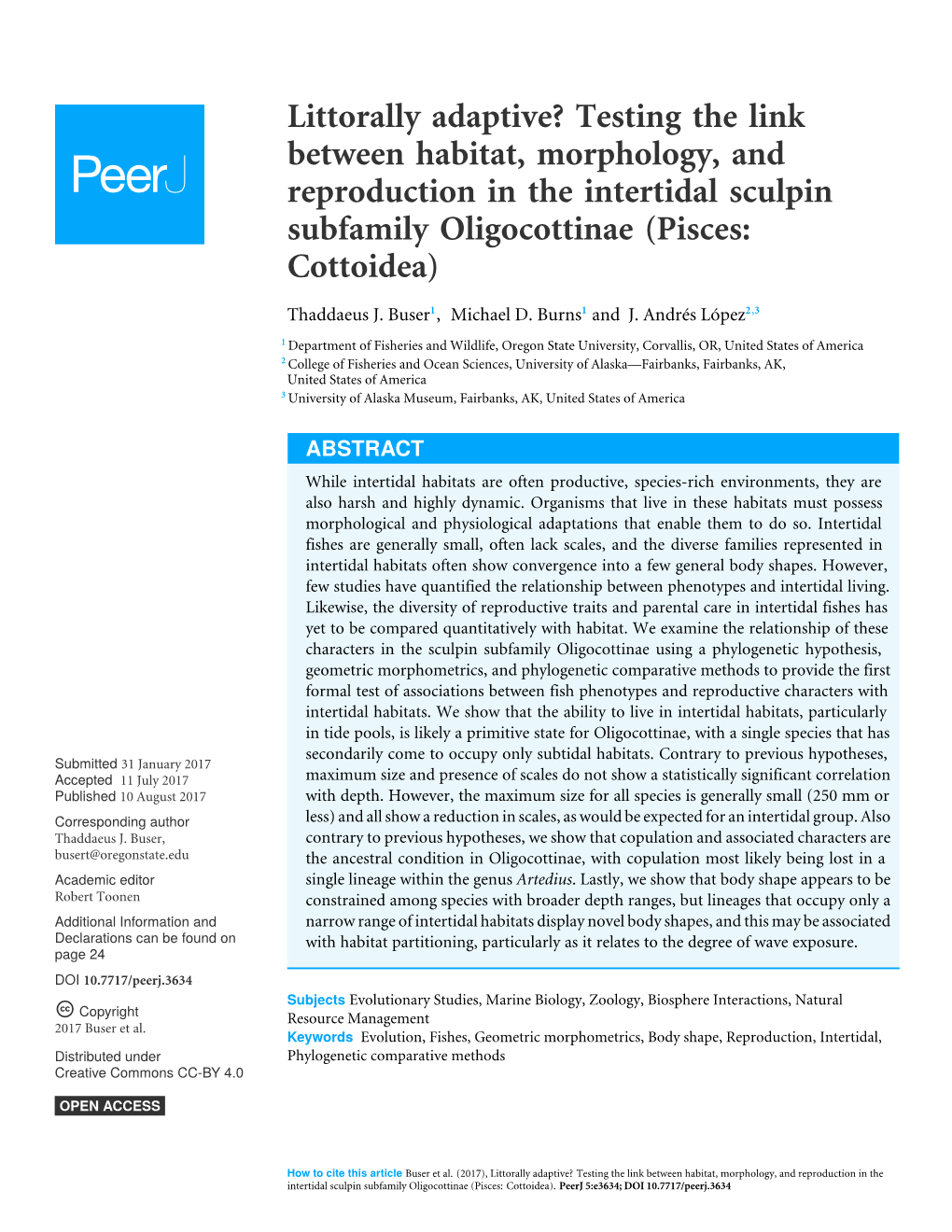 Testing the Link Between Habitat, Morphology, and Reproduction in the Intertidal Sculpin Subfamily Oligocottinae (Pisces: Cottoidea)