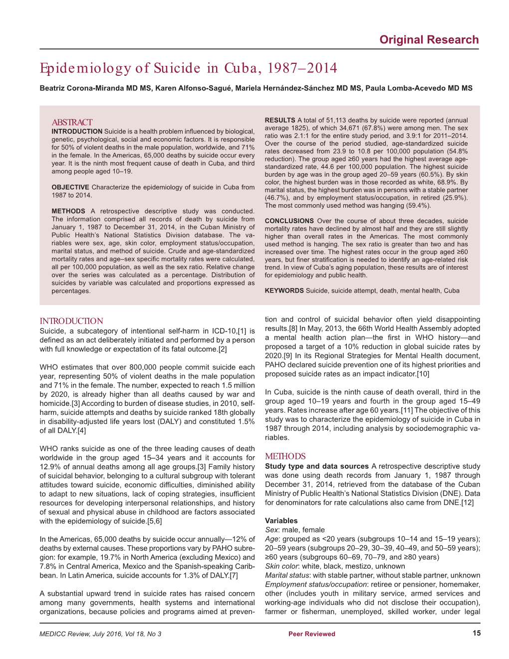 Epidemiology of Suicide in Cuba, 1987–2014