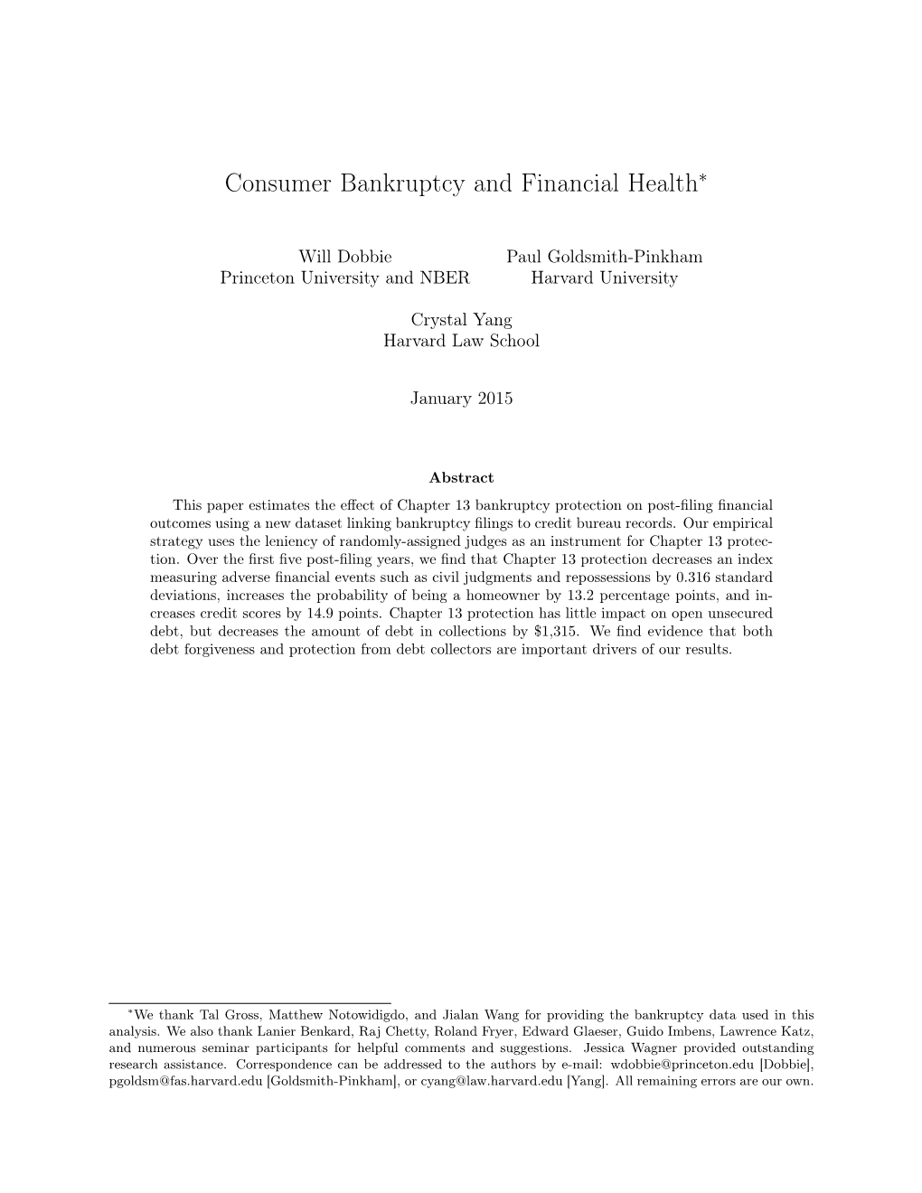 Consumer Bankruptcy and Financial Health∗