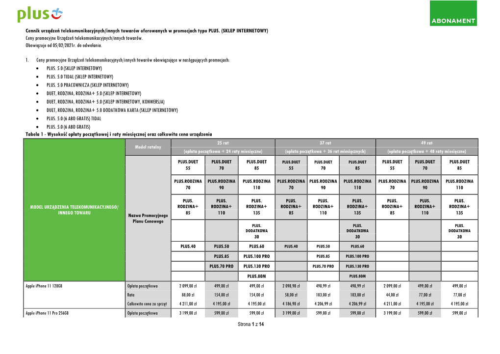 Cennik Urządzeń W Promocjach Plus Dla Klientów Indywidualnych