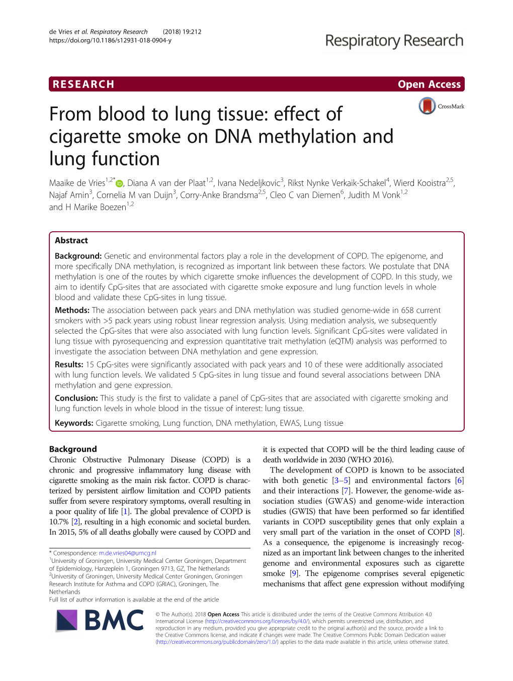 Effect of Cigarette Smoke on DNA Methylation and Lung Function