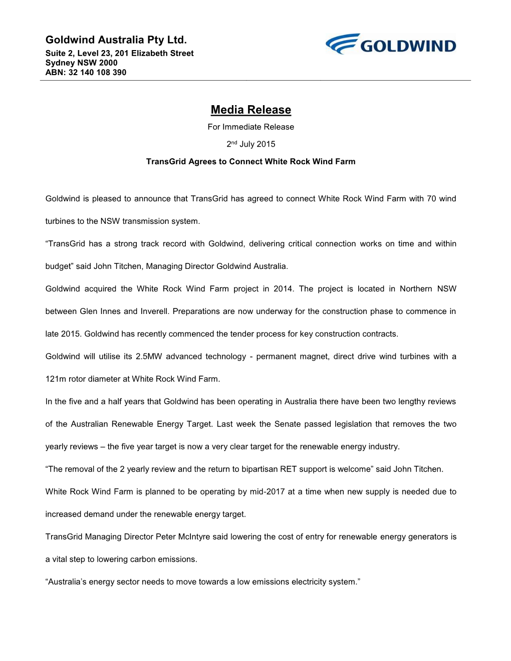 Media Release for Immediate Release