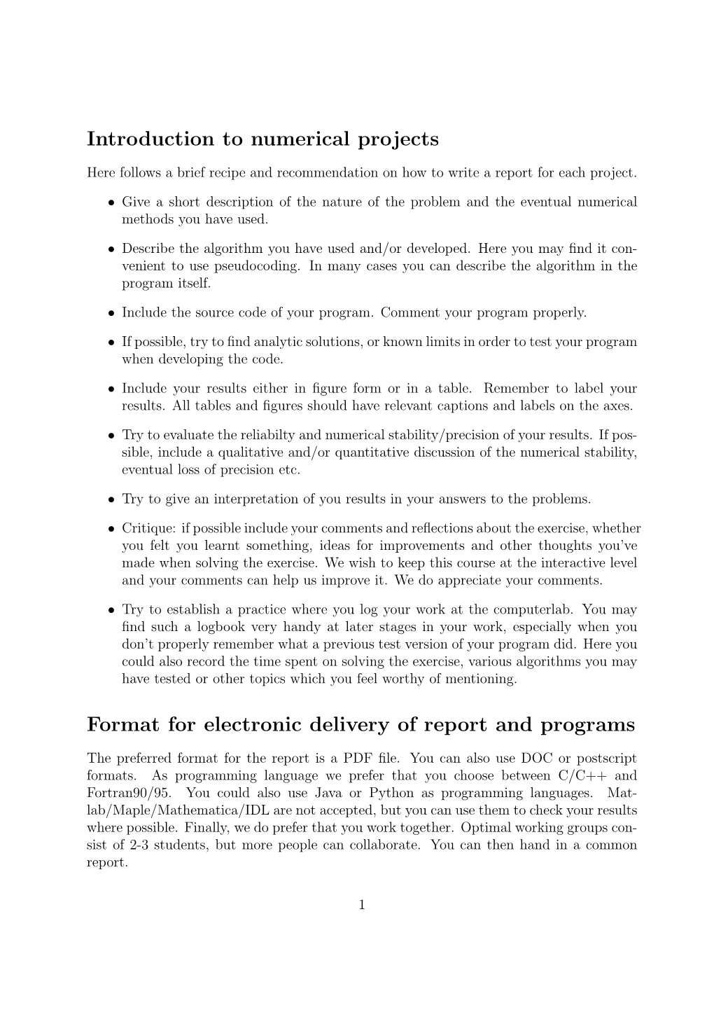 Introduction to Numerical Projects Format for Electronic Delivery Of