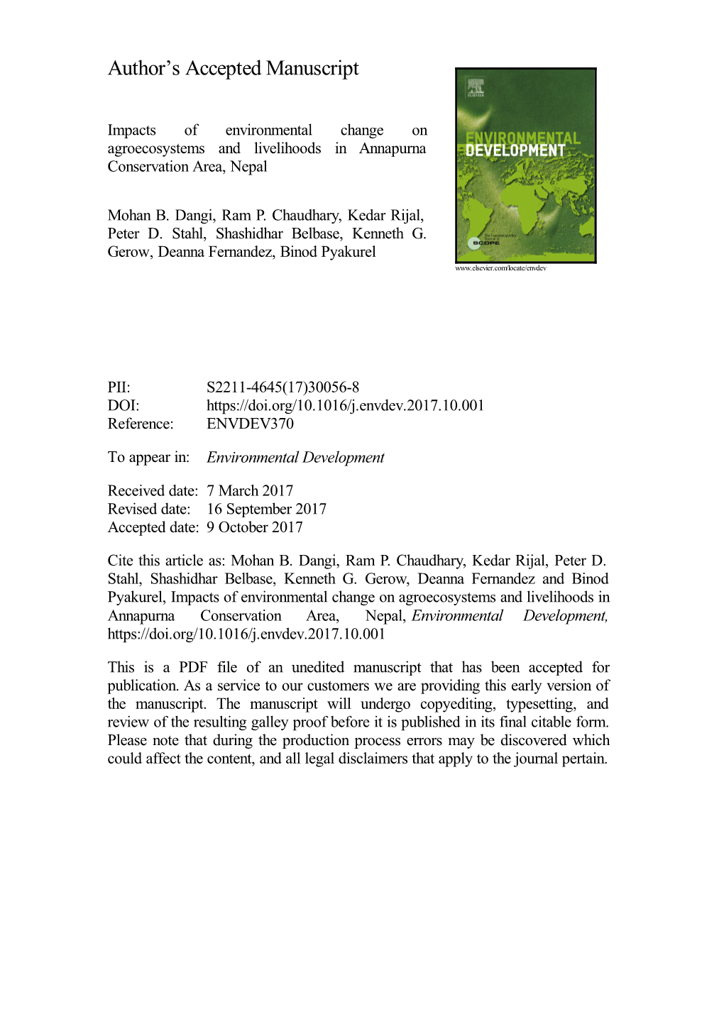 Impacts of Environmental Change on Agroecosystems and Livelihoods in Annapurna Conservation Area, Nepal