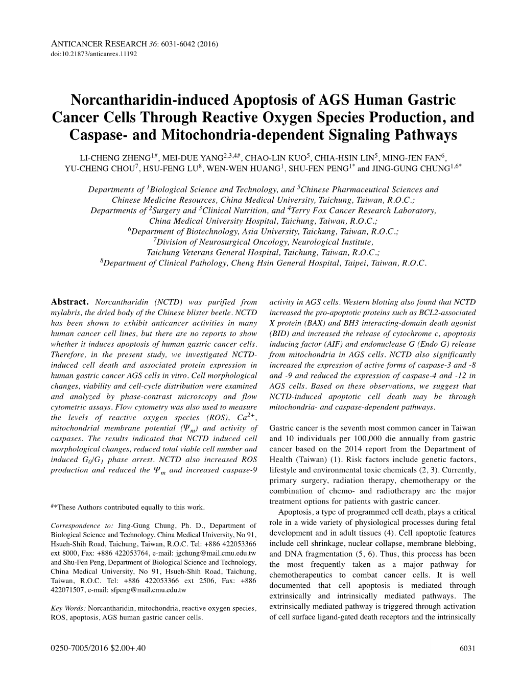 Norcantharidin-Induced Apoptosis of AGS Human Gastric Cancer Cells