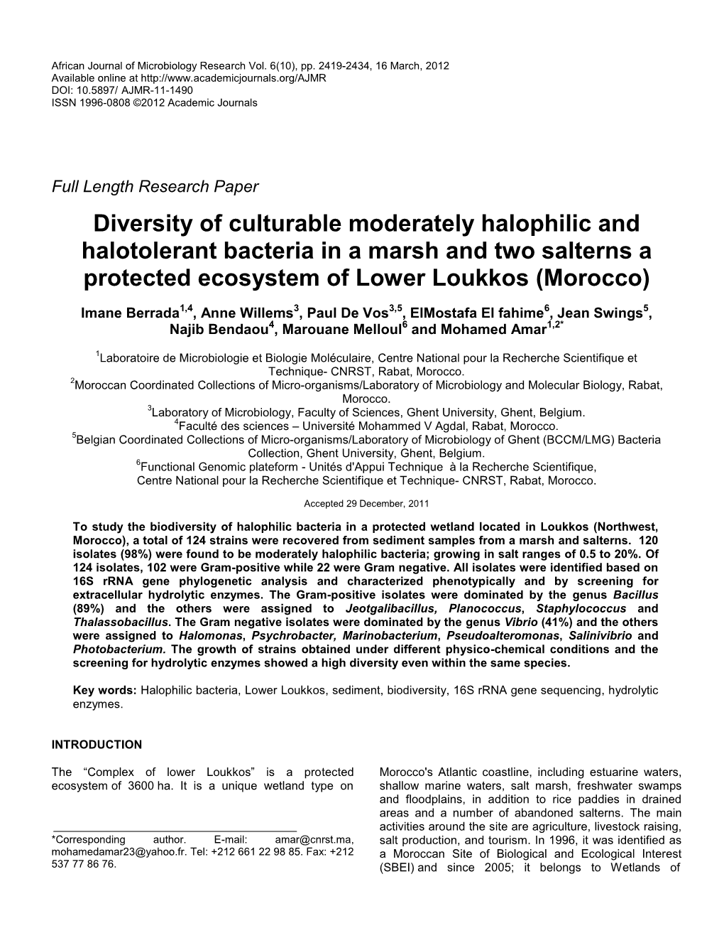 Diversity of Culturable Moderately Halophilic and Halotolerant Bacteria in a Marsh and Two Salterns a Protected Ecosystem of Lower Loukkos (Morocco)