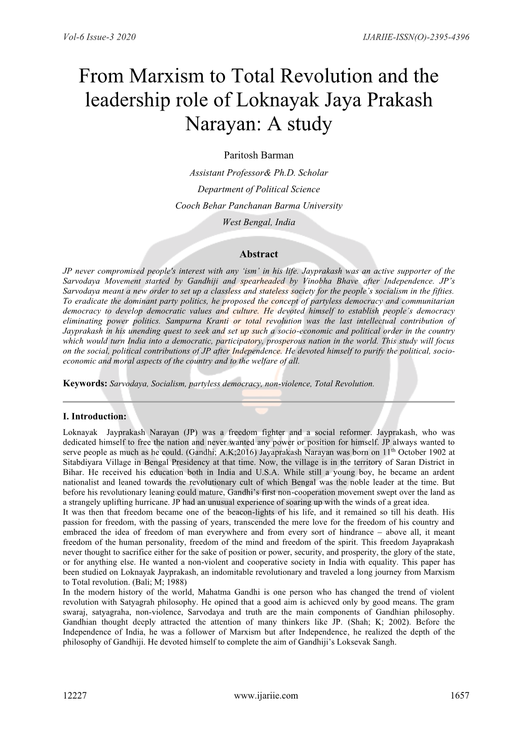 From Marxism to Total Revolution and the Leadership Role of Loknayak Jaya Prakash Narayan: a Study