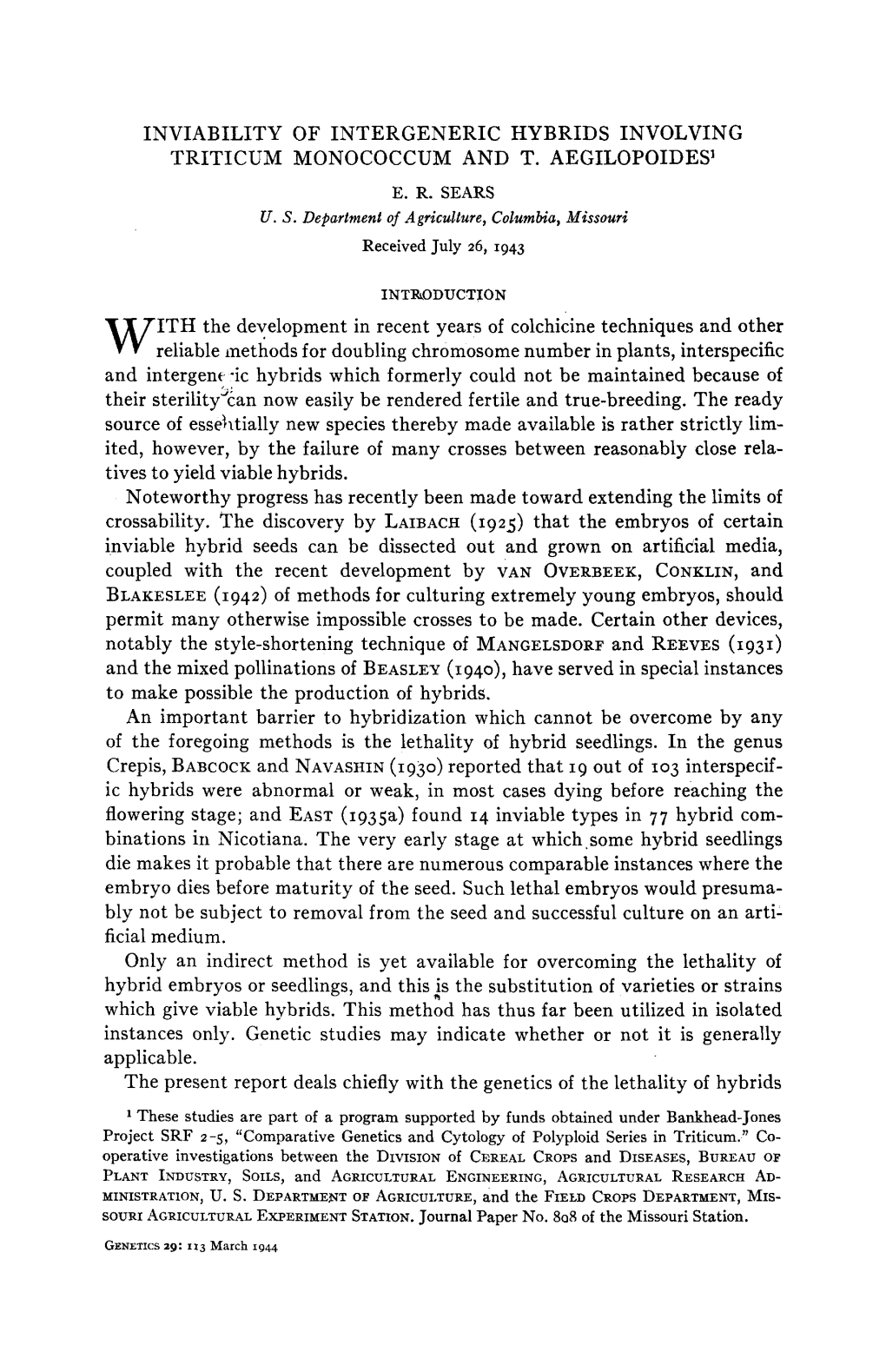 Inviability of Intergeneric Hybrids Involving Triticum Monococcum and T