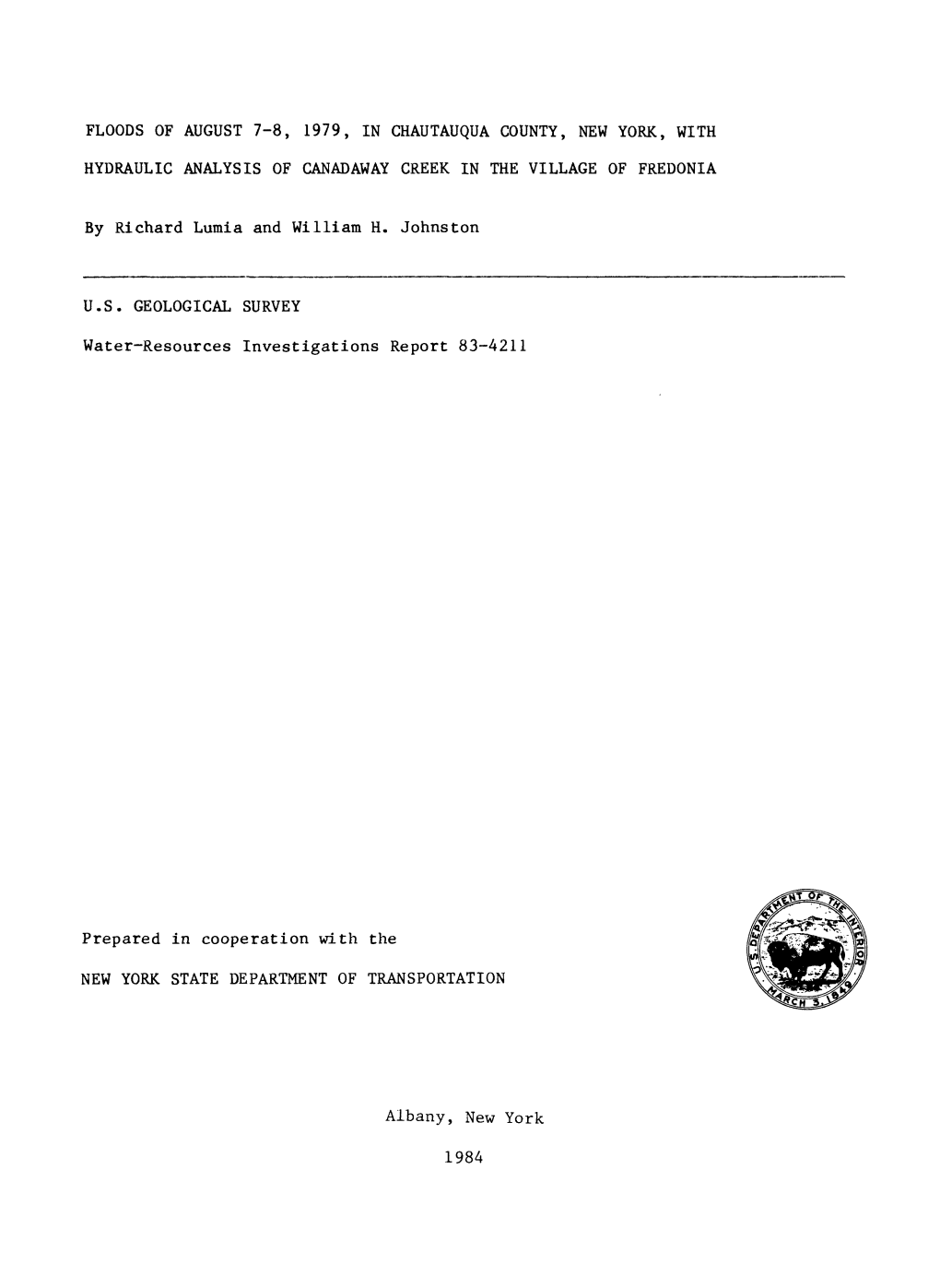 By Richard Lumia and William H. Johnston Water-Resources Investigations Report 83-4211 Prepared in Cooperation With