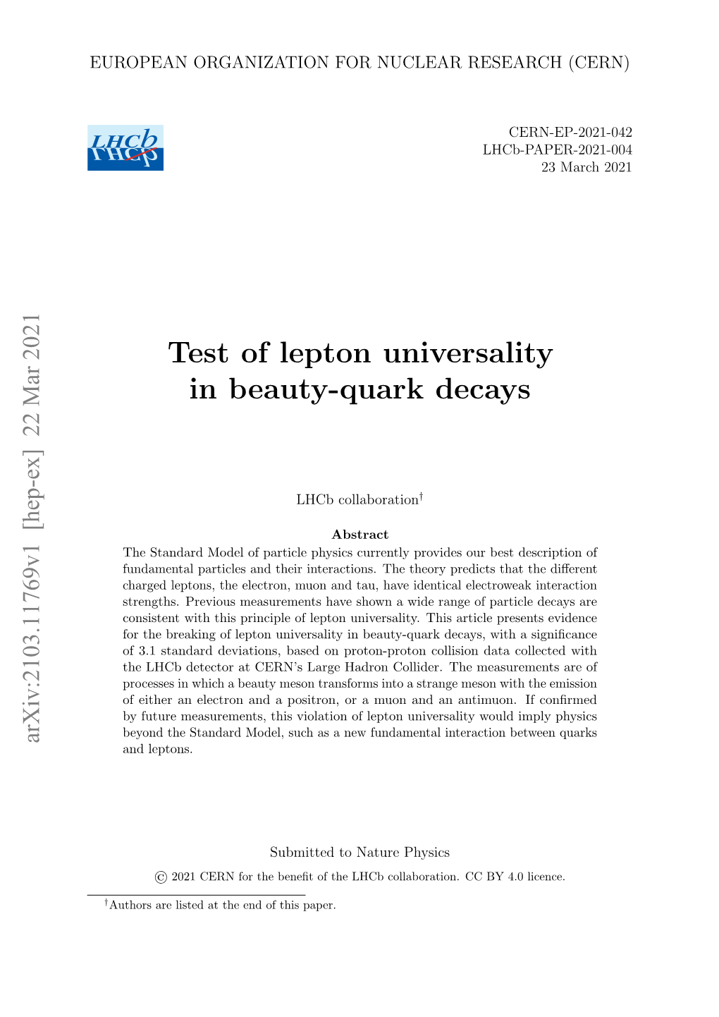 Test of Lepton Universality in Beauty-Quark Decays