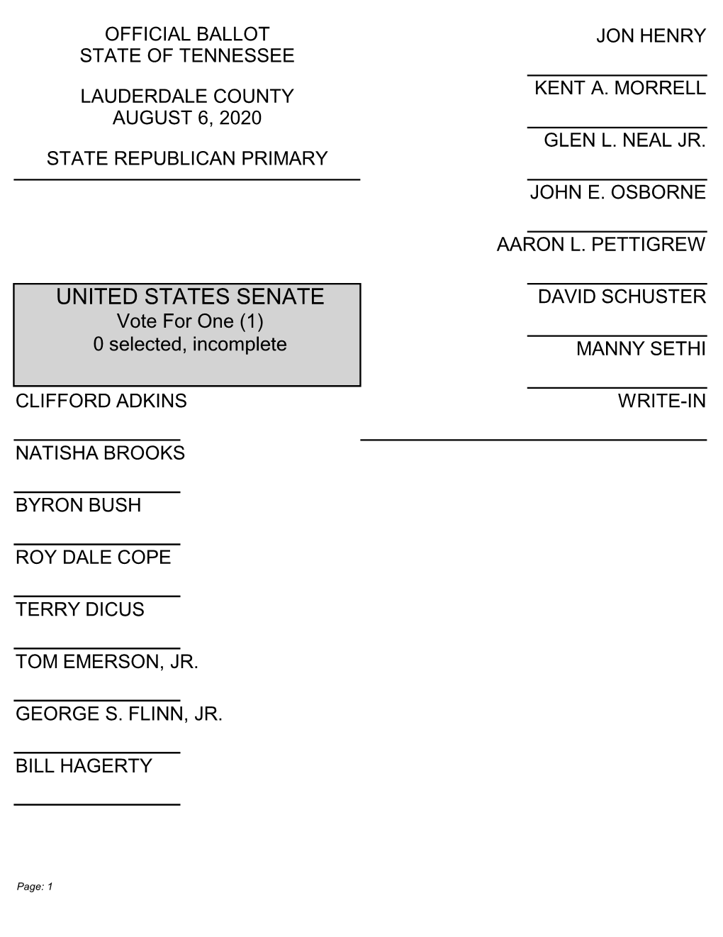 UNITED STATES SENATE DAVID SCHUSTER Vote for One (1) 0 Selected, Incomplete MANNY SETHI