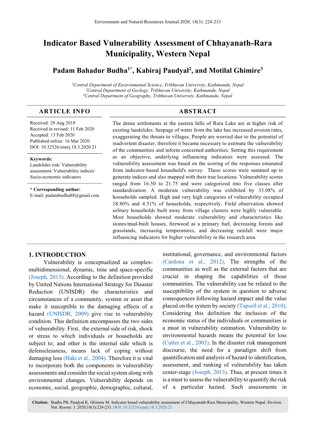 Indicator Based Vulnerability Assessment of Chhayanath-Rara Municipality, Western Nepal