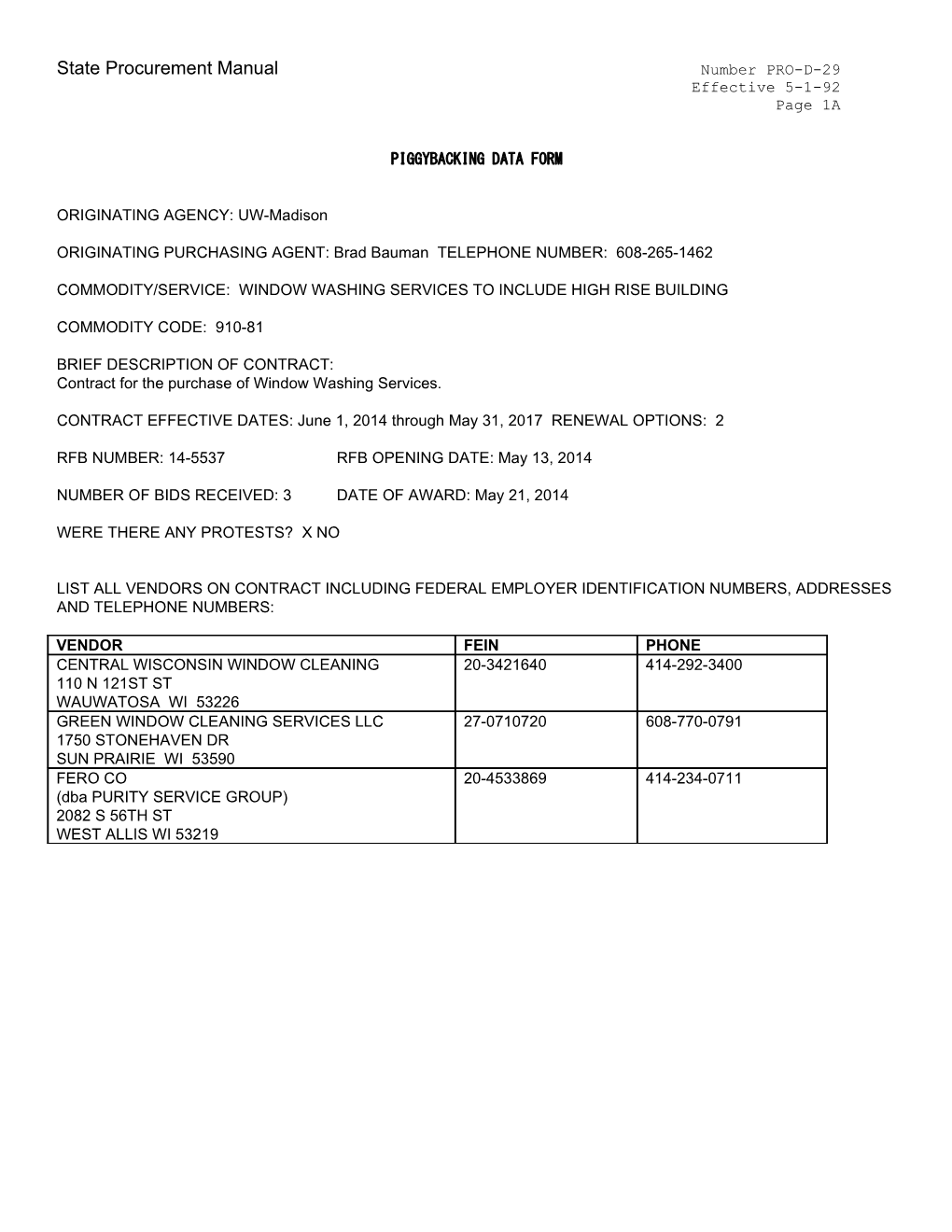 State Procurement Manual Number PRO-D-29