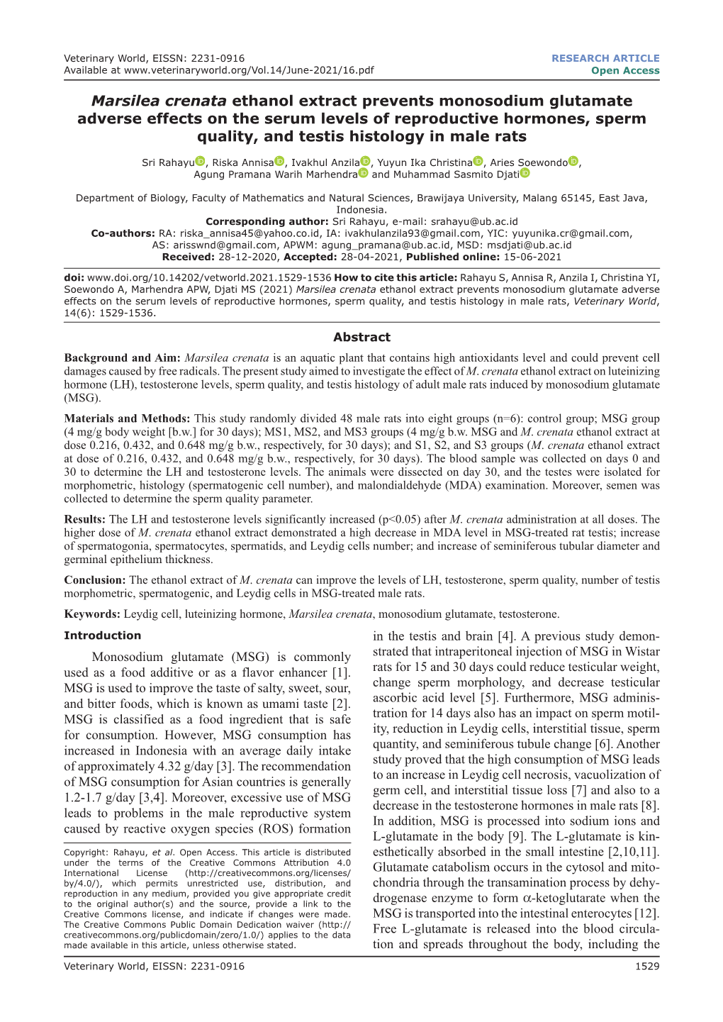 Marsilea Crenata Ethanol Extract Prevents Monosodium Glutamate Adverse Effects on the Serum Levels of Reproductive Hormones