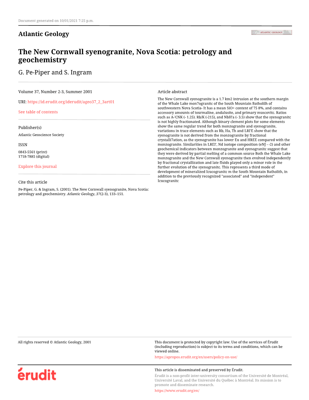 The New Cornwall Syenogranite, Nova Scotia: Petrology and Geochemistry G