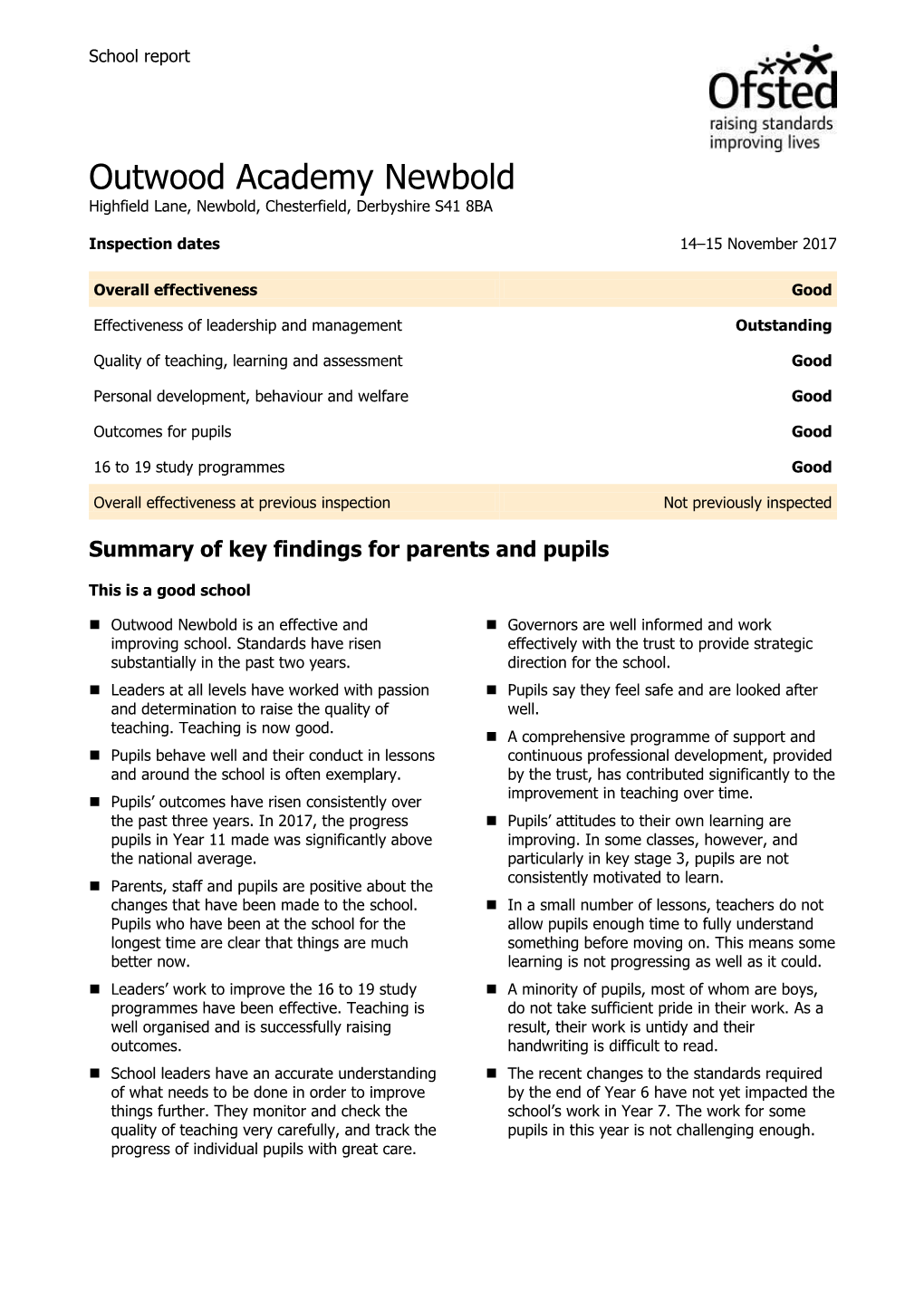 Outwood Academy Newbold Highfield Lane, Newbold, Chesterfield, Derbyshire S41 8BA