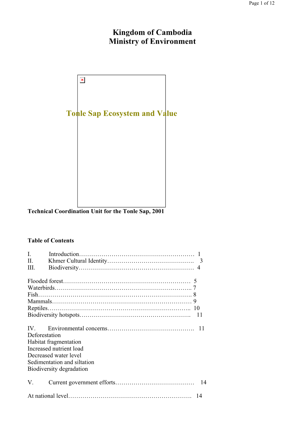 Kingdom of Cambodia Ministry of Environment Tonle Sap Ecosystem