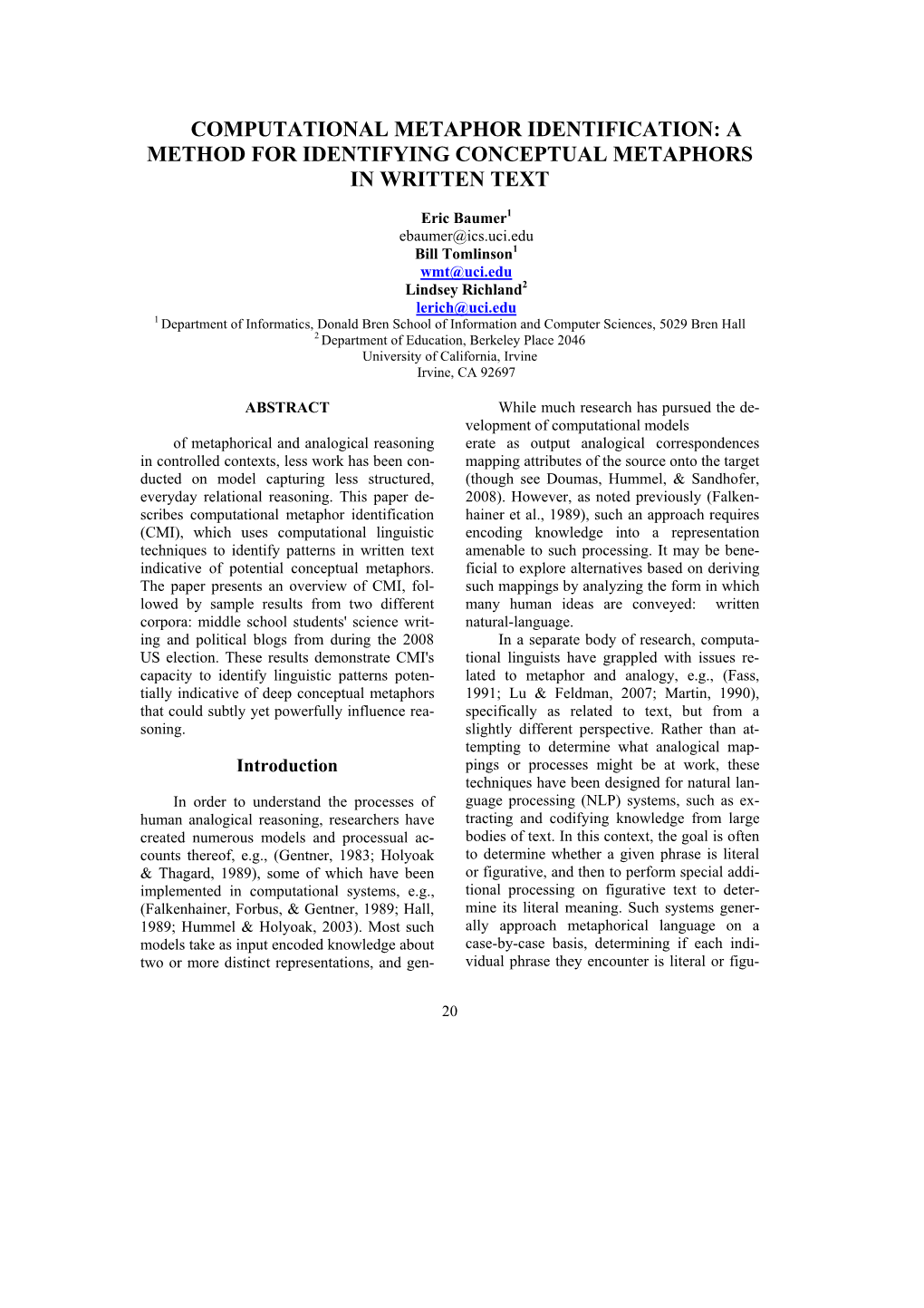 Computational Metaphor Identification: a Method for Identifying Conceptual Metaphors in Written Text