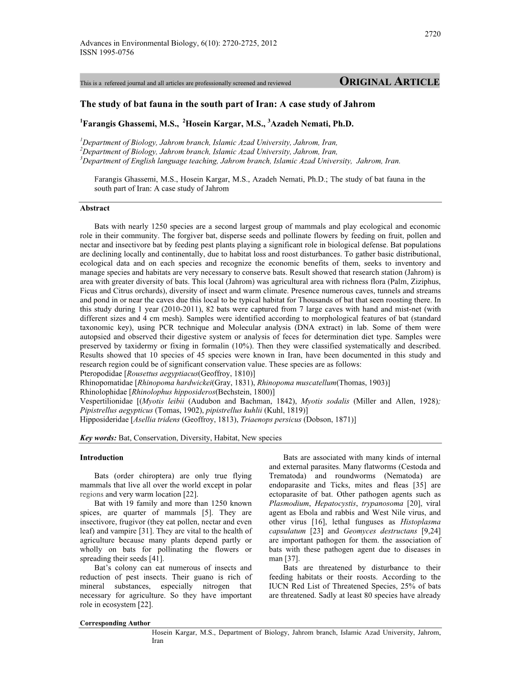 ORIGINAL ARTICLE the Study of Bat Fauna in the South Part of Iran