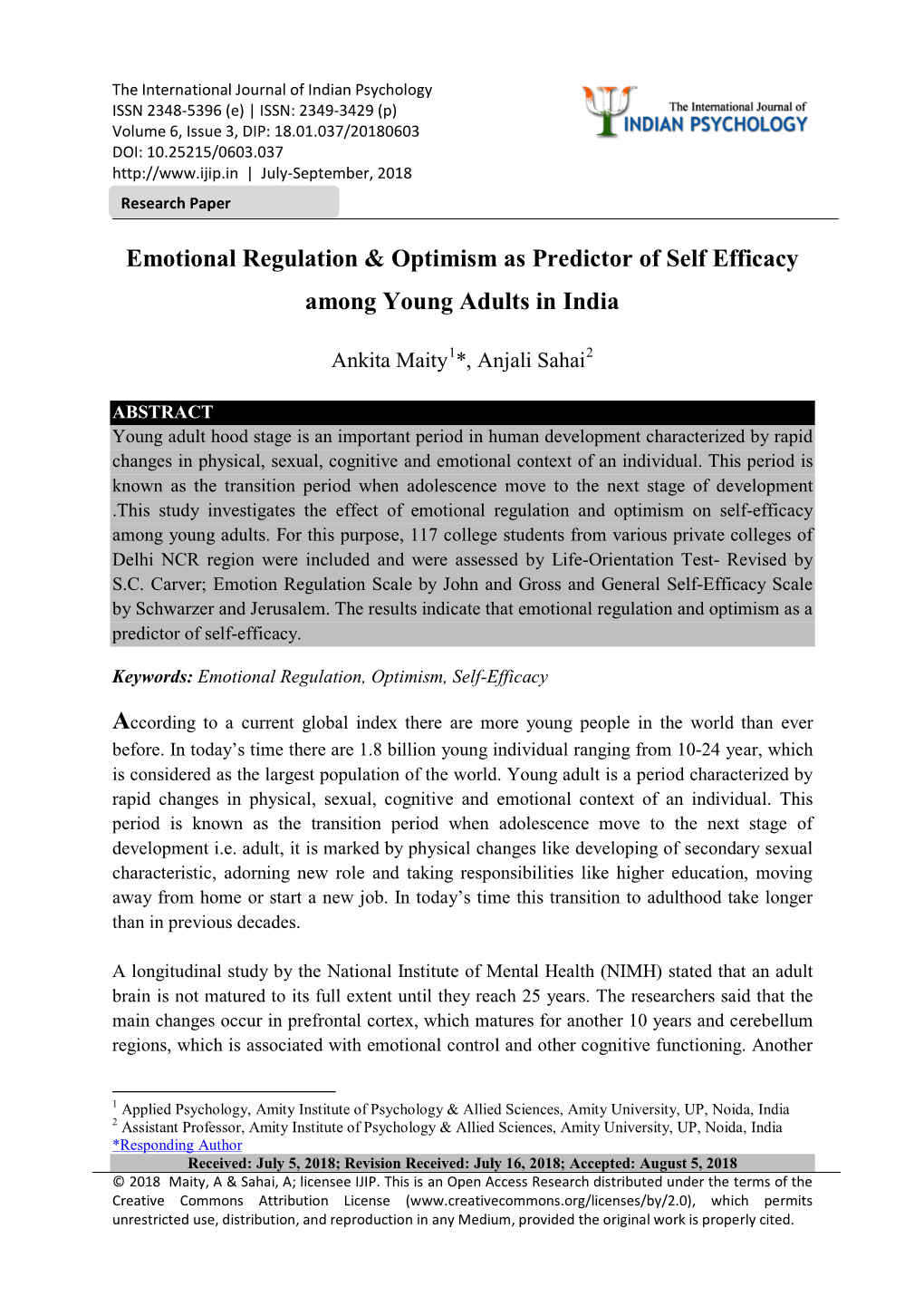 Emotional Regulation & Optimism As Predictor of Self Efficacy Among