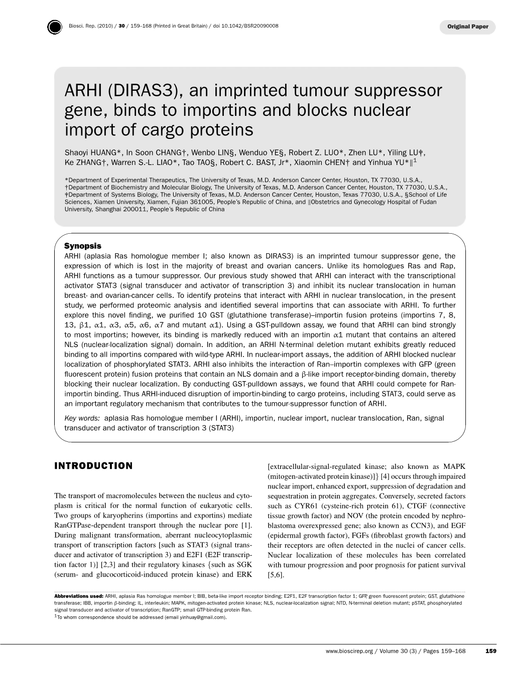 ARHI (DIRAS3), an Imprinted Tumour Suppressor Gene, Binds to Importins and Blocks Nuclear Import of Cargo Proteins