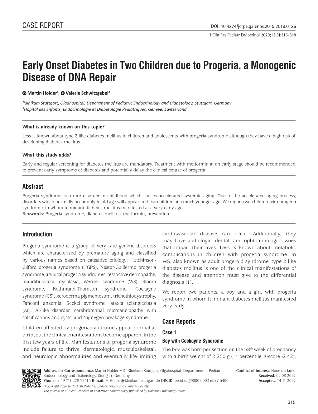 Early Onset Diabetes in Two Children Due to Progeria, a Monogenic Disease of DNA Repair