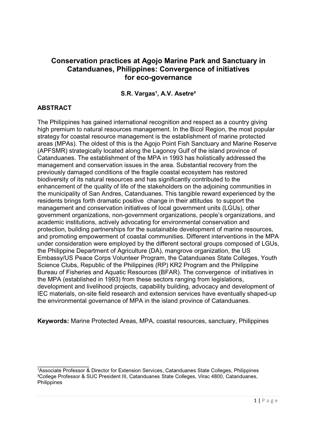 Conservation Practices at Agojo Marine Park and Sanctuary in Catanduanes, Philippines: Convergence of Initiatives for Eco-Governance