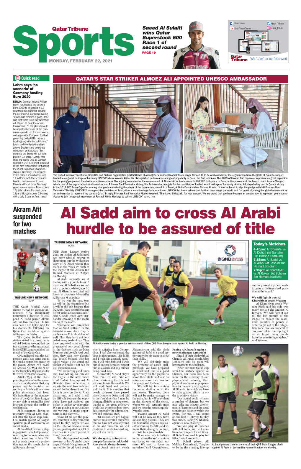 Al Sadd Aim to Cross Al Arabi Hurdle to Be Assured of Title