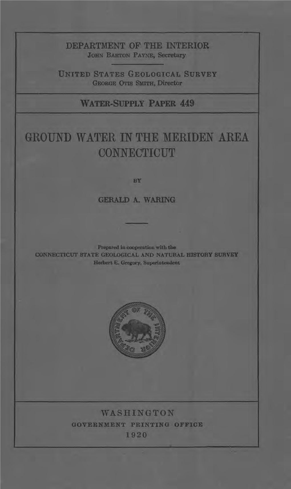 Ground Water in the Meriden Area Connecticut