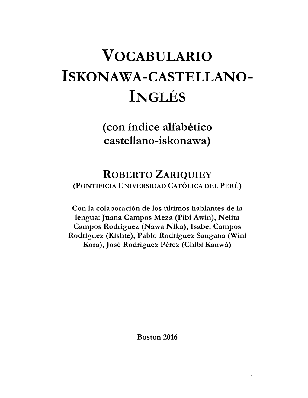 Vocabulario Iskonawa-Castellano- Inglés