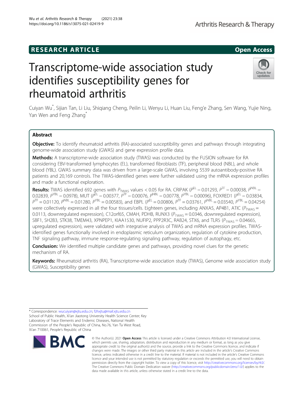 Transcriptome-Wide Association Study Identifies Susceptibility Genes For