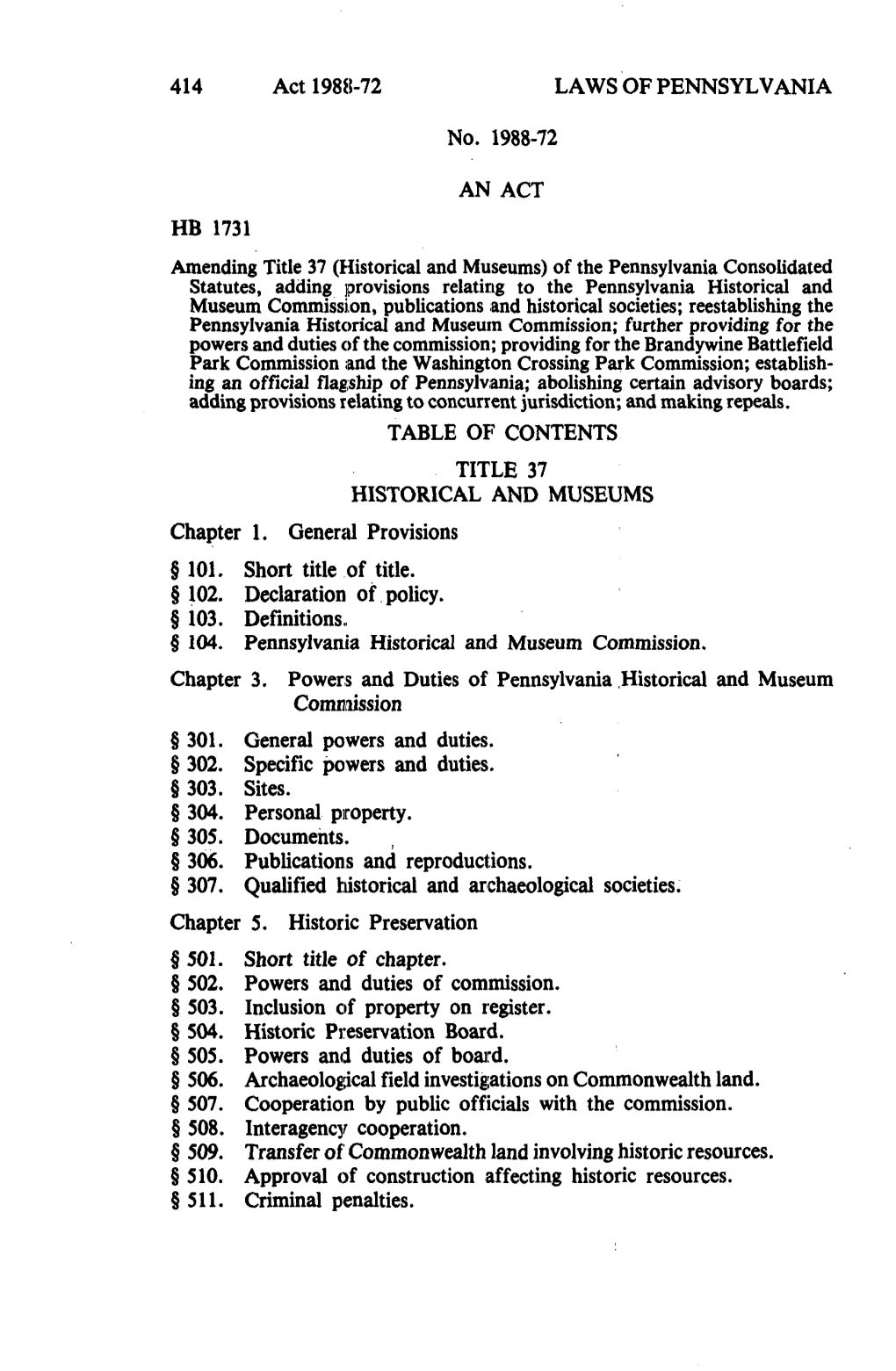 414 Act 1988-72 LAWS of PENNSYLVANIA No. 1988-72 an ACT HB 1731 Amending Title 37