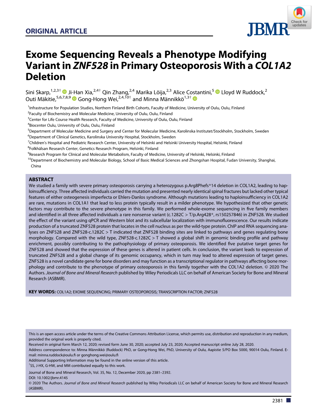 Exome Sequencing Reveals a Phenotype Modifying Variant in ZNF528 in Primary Osteoporosis with a COL1A2 Deletion