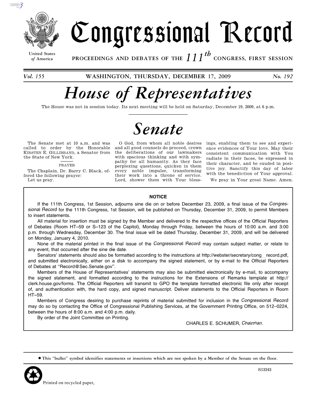 Congressional Record United States Th of America PROCEEDINGS and DEBATES of the 111 CONGRESS, FIRST SESSION