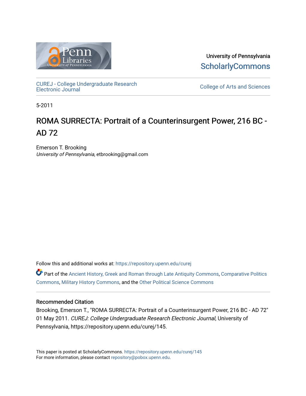 ROMA SURRECTA: Portrait of a Counterinsurgent Power, 216 BC - AD 72