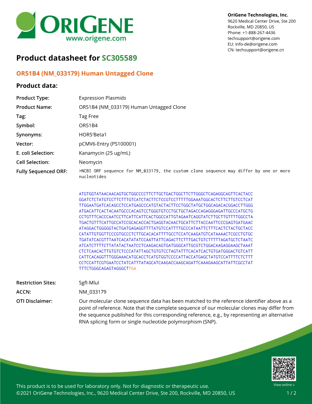 OR51B4 (NM 033179) Human Untagged Clone Product Data