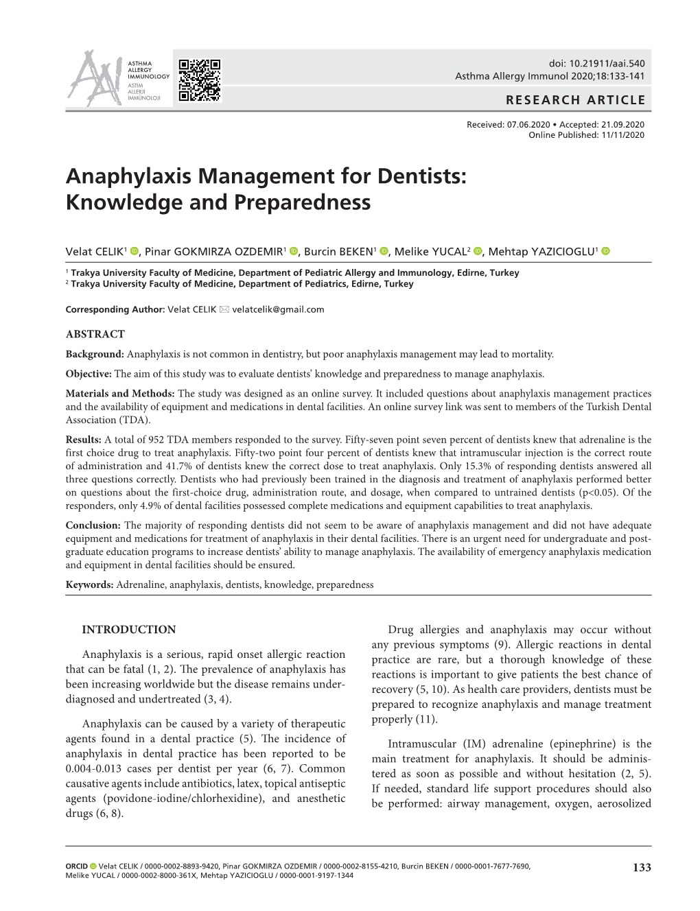 Anaphylaxis Management for Dentists: Knowledge and Preparedness
