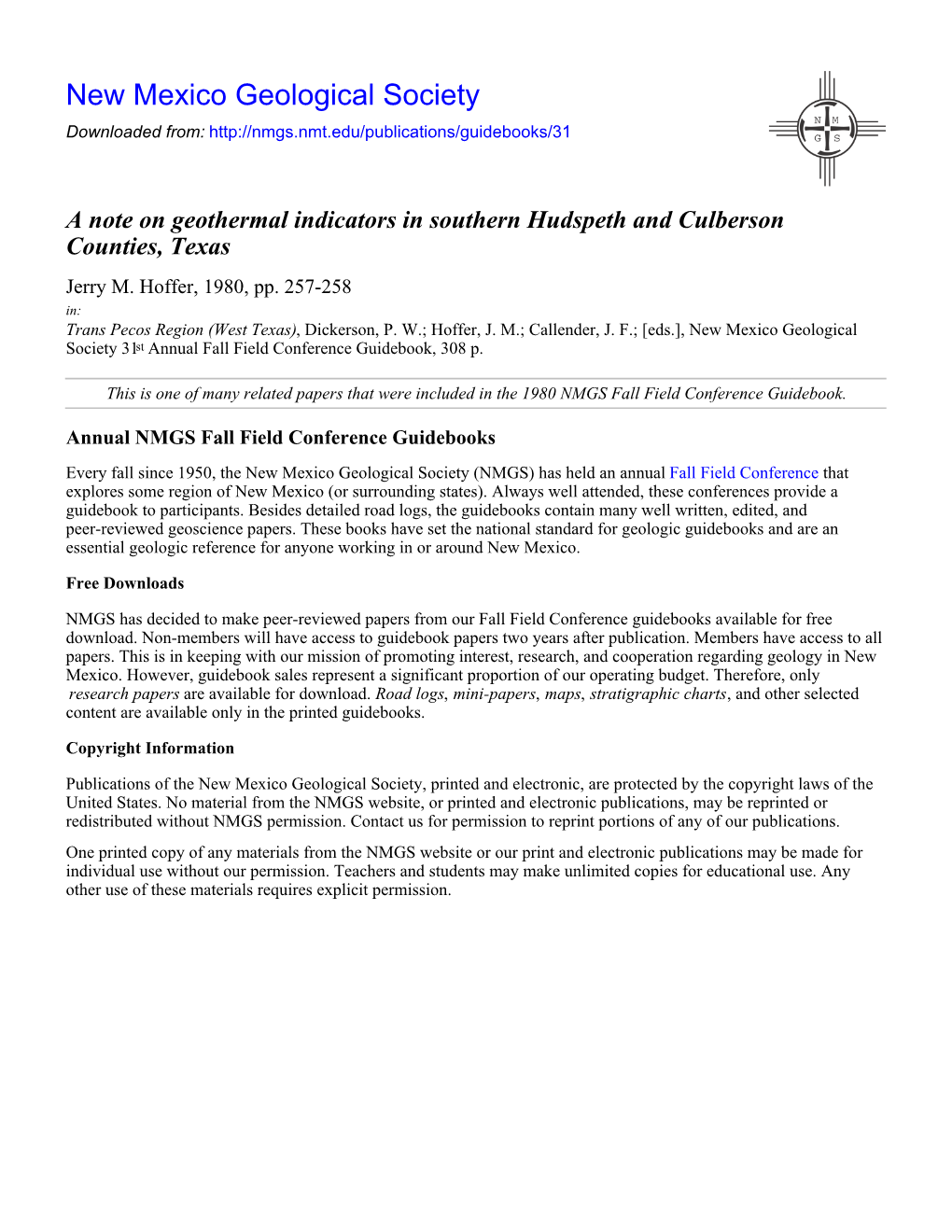A Note on Geothermal Indicators in Southern Hudspeth and Culberson Counties, Texas Jerry M