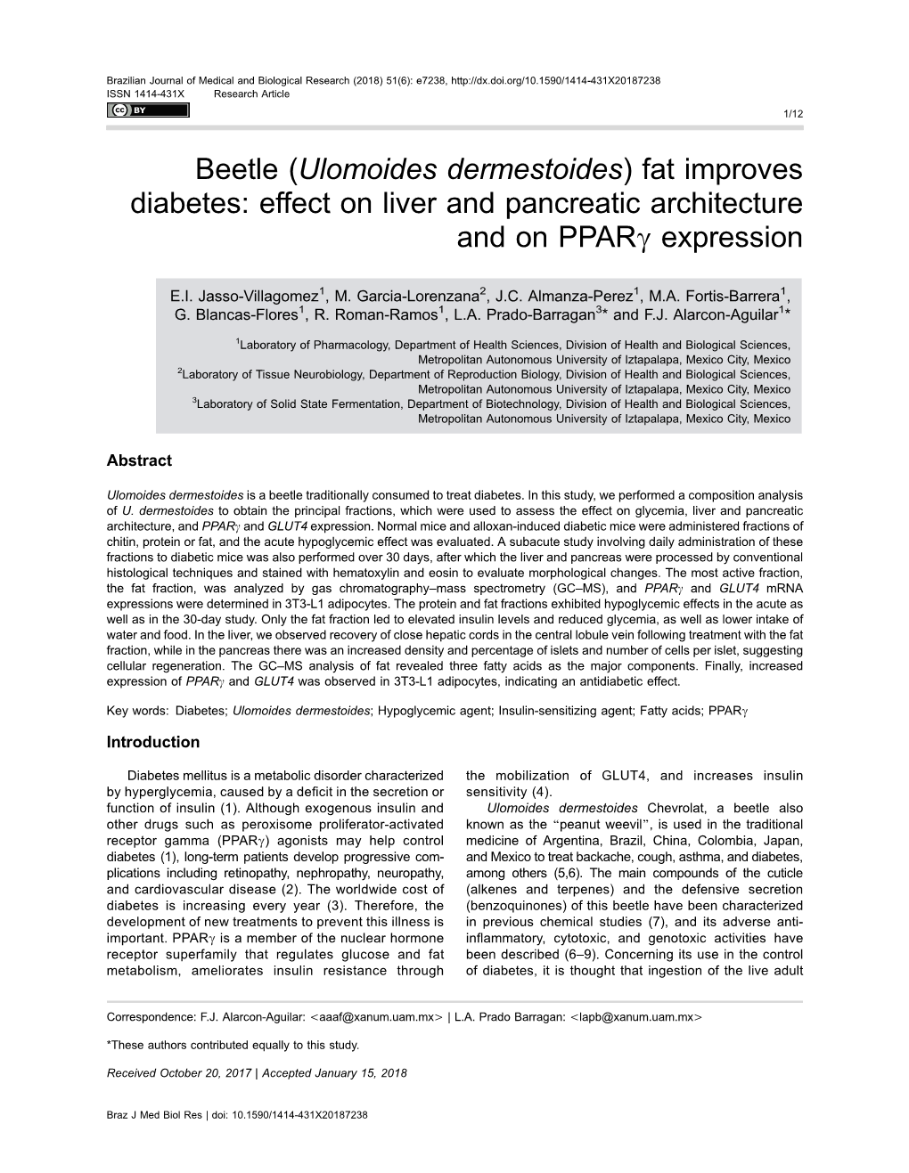 Ulomoides Dermestoides) Fat Improves Diabetes: Effect on Liver and Pancreatic Architecture and on Pparg Expression
