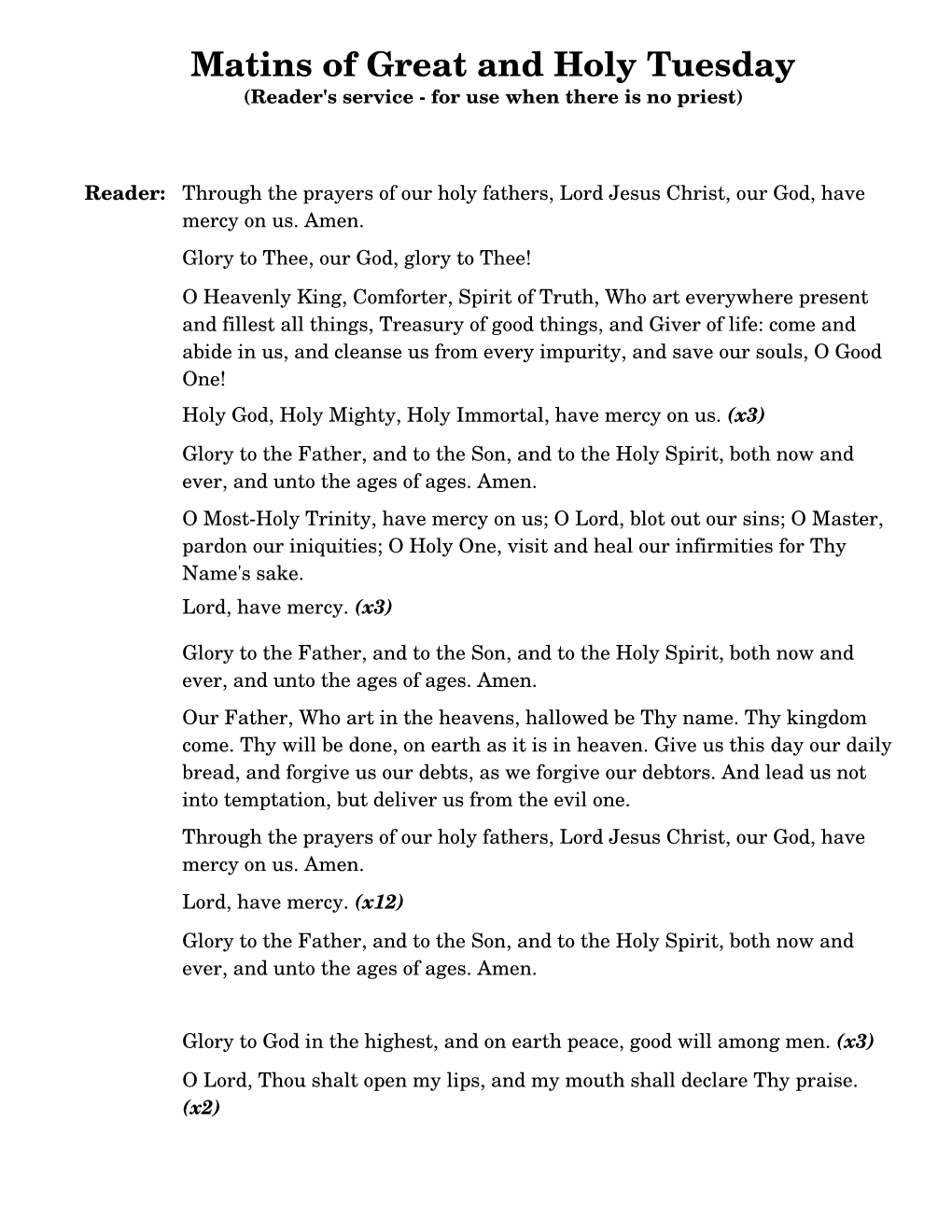 Matins of Great and Holy Tuesday (Reader's Service - for Use When There Is No Priest)