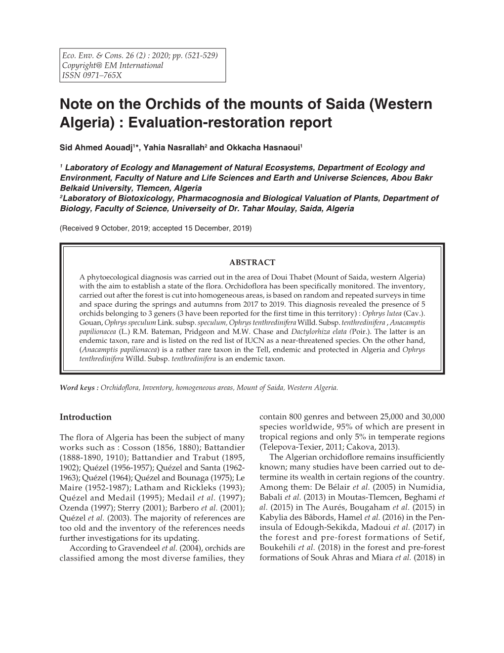 Note on the Orchids of the Mounts of Saida (Western Algeria) : Evaluation-Restoration Report