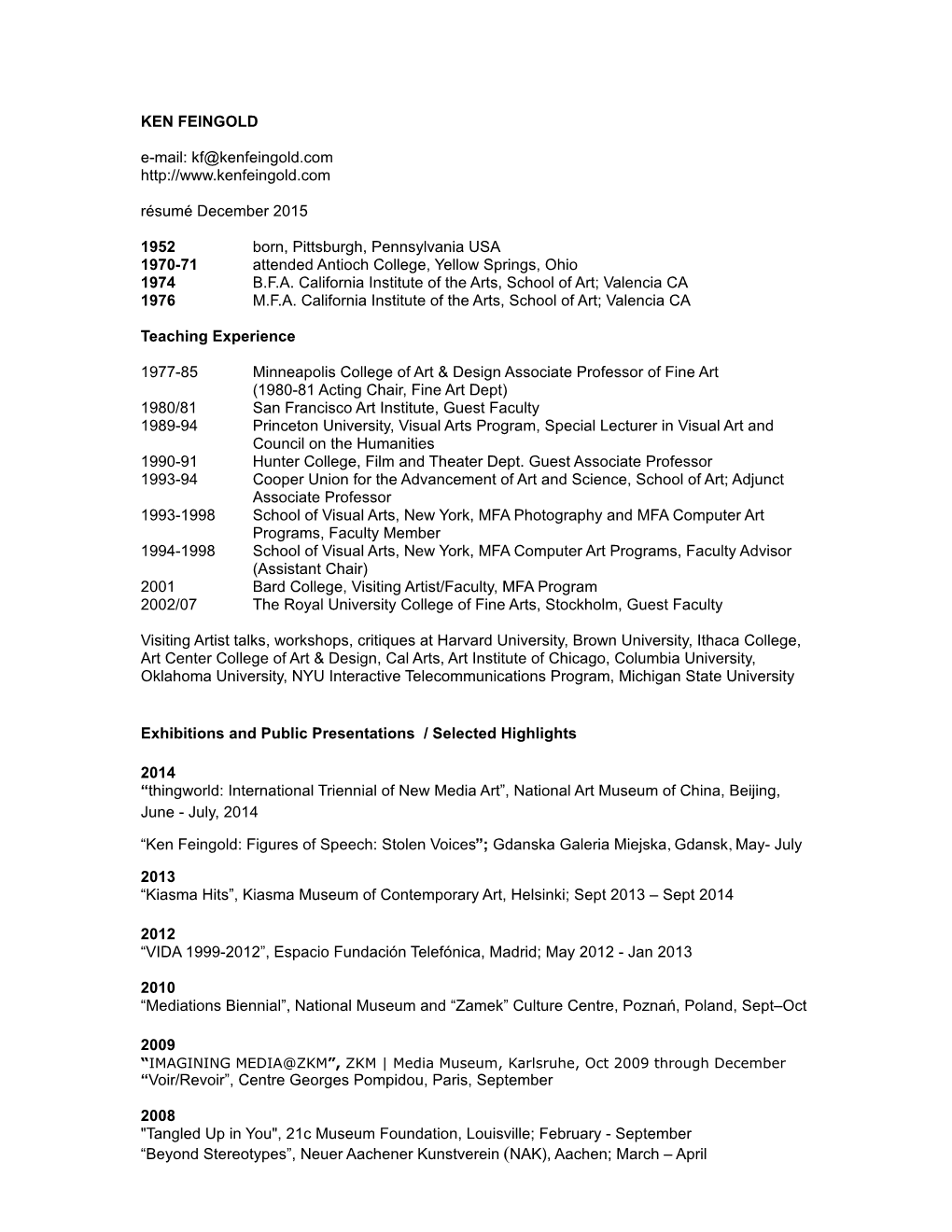 KEN FEINGOLD Résumé January 2002