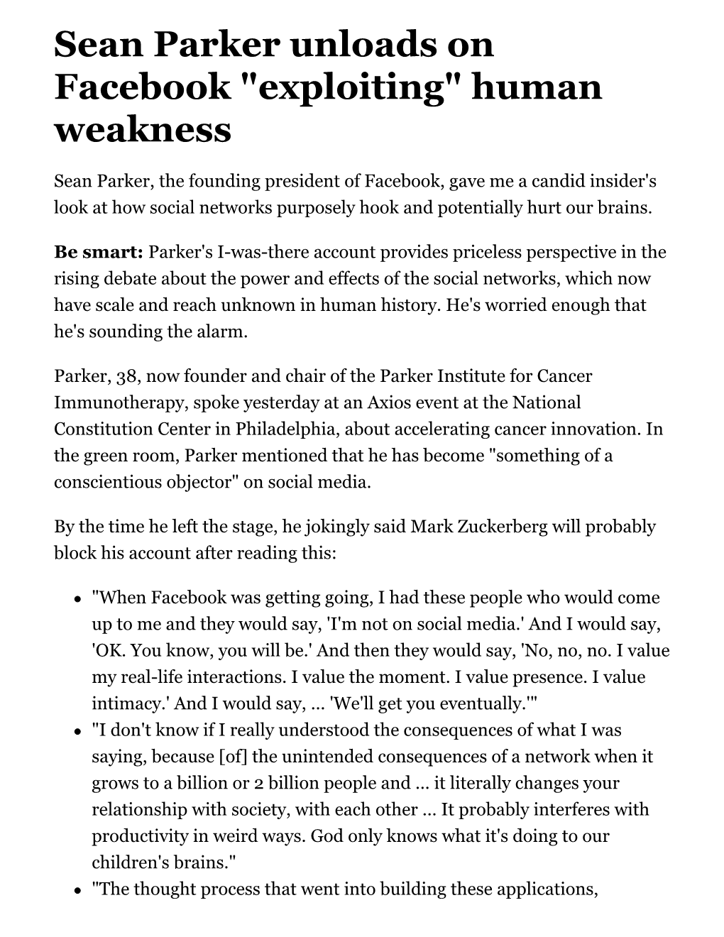 Sean Parker Unloads on Facebook "Exploiting" Human Weakness