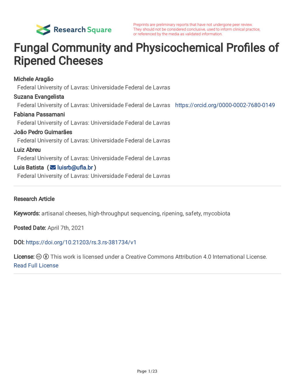 Fungal Community and Physicochemical Pro Les Of